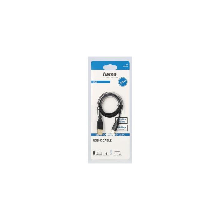 Кабел Hama Flexi-Slim USB-C - USB-A 2.0 мъжко, 0.75м,тънък, позлатен, черен