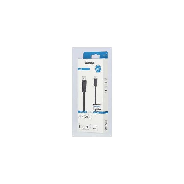 Кабел HAMA  USB-C мъжко - USB 2.0 A мъжко, 480Mbit/s,0.75 м, Черен