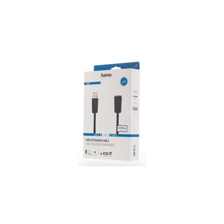 Удължителен кабел HAMA 200621 USB-A женско - USB-A мъжко, 5 м, екраниран, черен