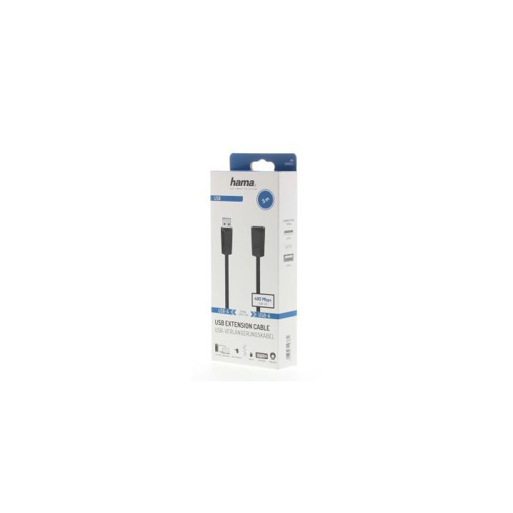 Удължителен кабел HAMA, USB-A женско - USB-A мъжко, 3 м, 480 Mbit/s, Черен