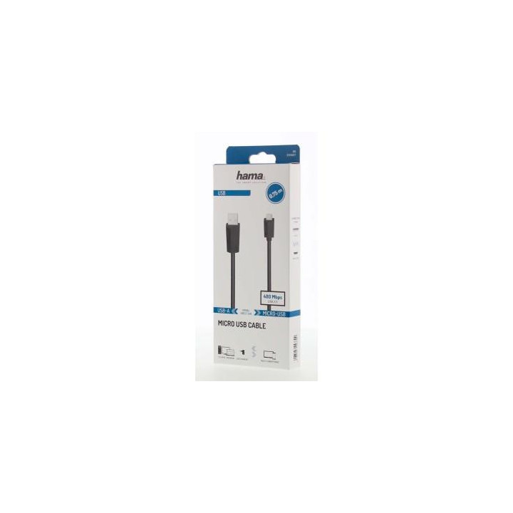 Кабел HAMA USB 2.0- micro USB, Позлатени конектори, 0.75 м., 480 Mbit / сек, Черен