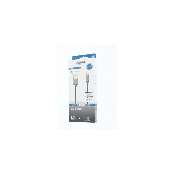 Кабел HAMA 200502, USB-C мъжко - USB-A мъжко, 0.75 м., 5 звезди, 480Mbit/s, Черен