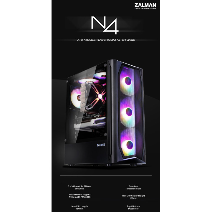 Кутия за компютър Zalman N4, с включени 6бр RGB вентилатори, Tempered Glass