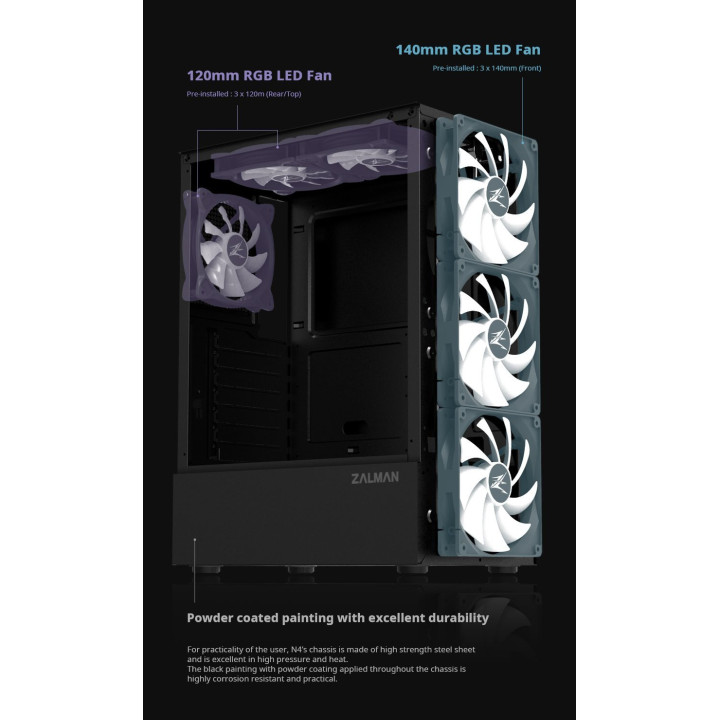 Кутия за компютър Zalman N4, с включени 6бр RGB вентилатори, Tempered Glass