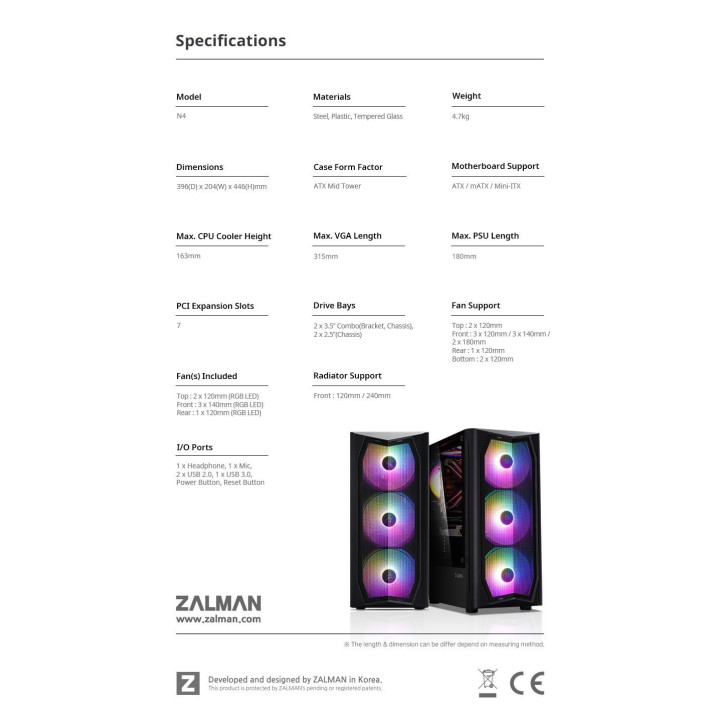 Кутия за компютър Zalman N4, с включени 6бр RGB вентилатори, Tempered Glass