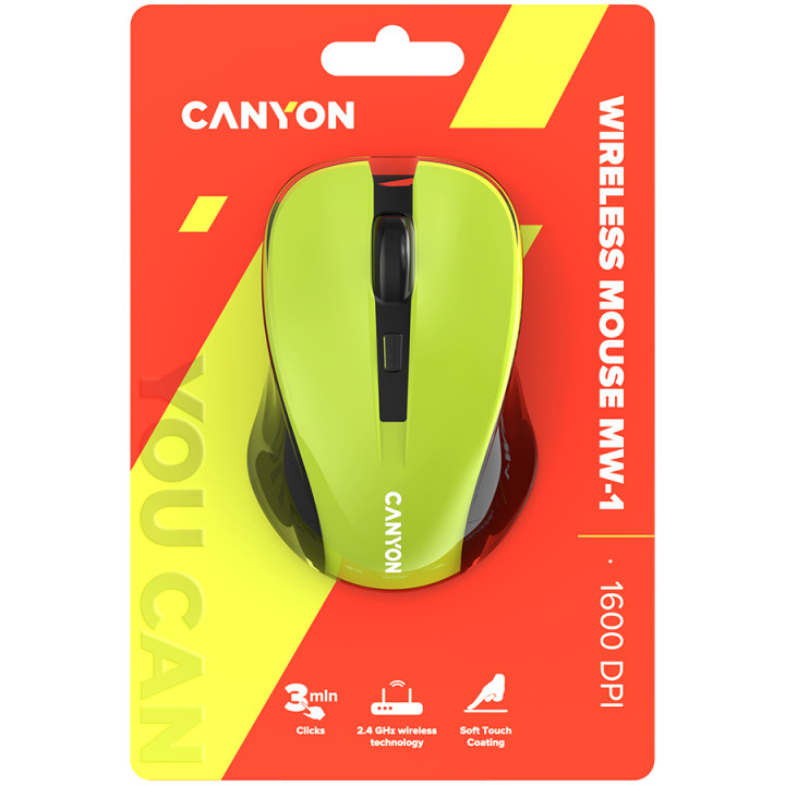 Безжична мишка Canyon MW-1 2.4GHz, 3 бутона, 800/1000/1200 DPI, Yellow  - CNE-CMSW1Y
