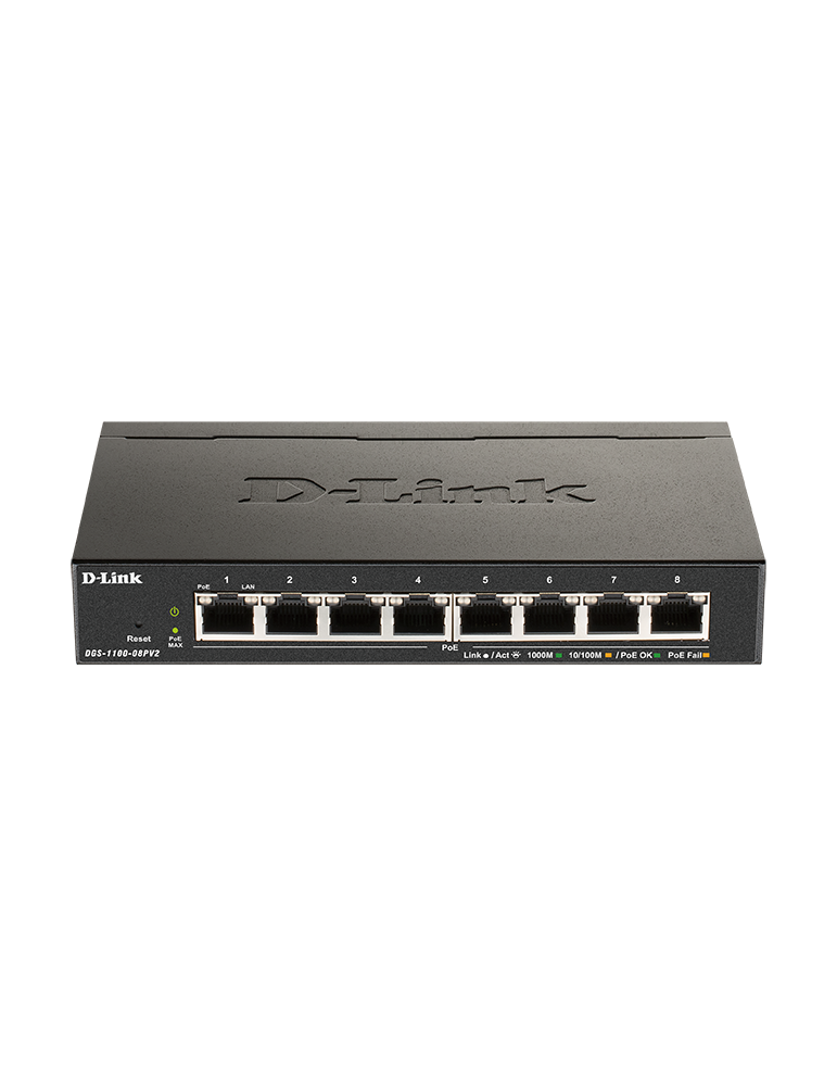 Суич D-Link DGS-1100-08PV2, 8 портов PoE 10/100/1000 Gigabit Smart Switch, управляем, за монтаж в шкаф