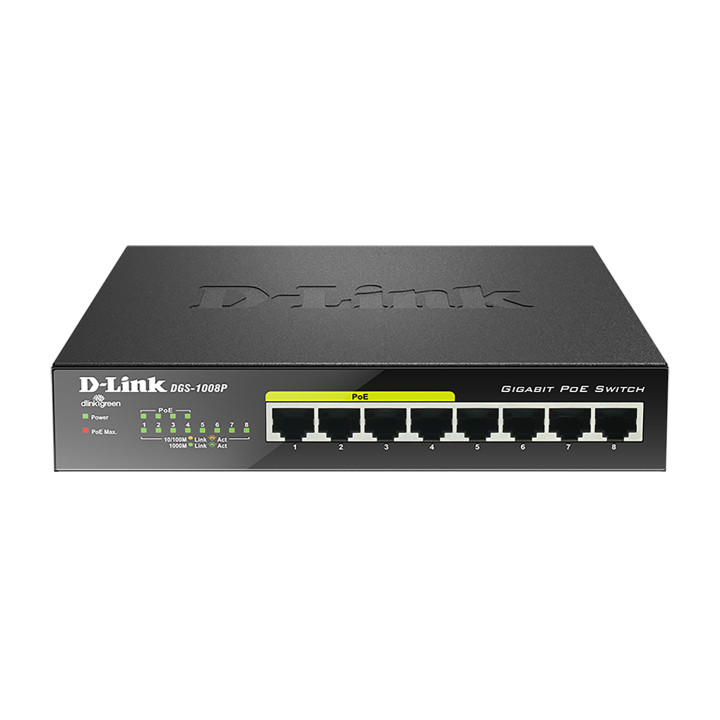 Суич D-Link DGS-1008P, 4x PoE   4 x стандартни, 10/100/1000, Gigabit,
