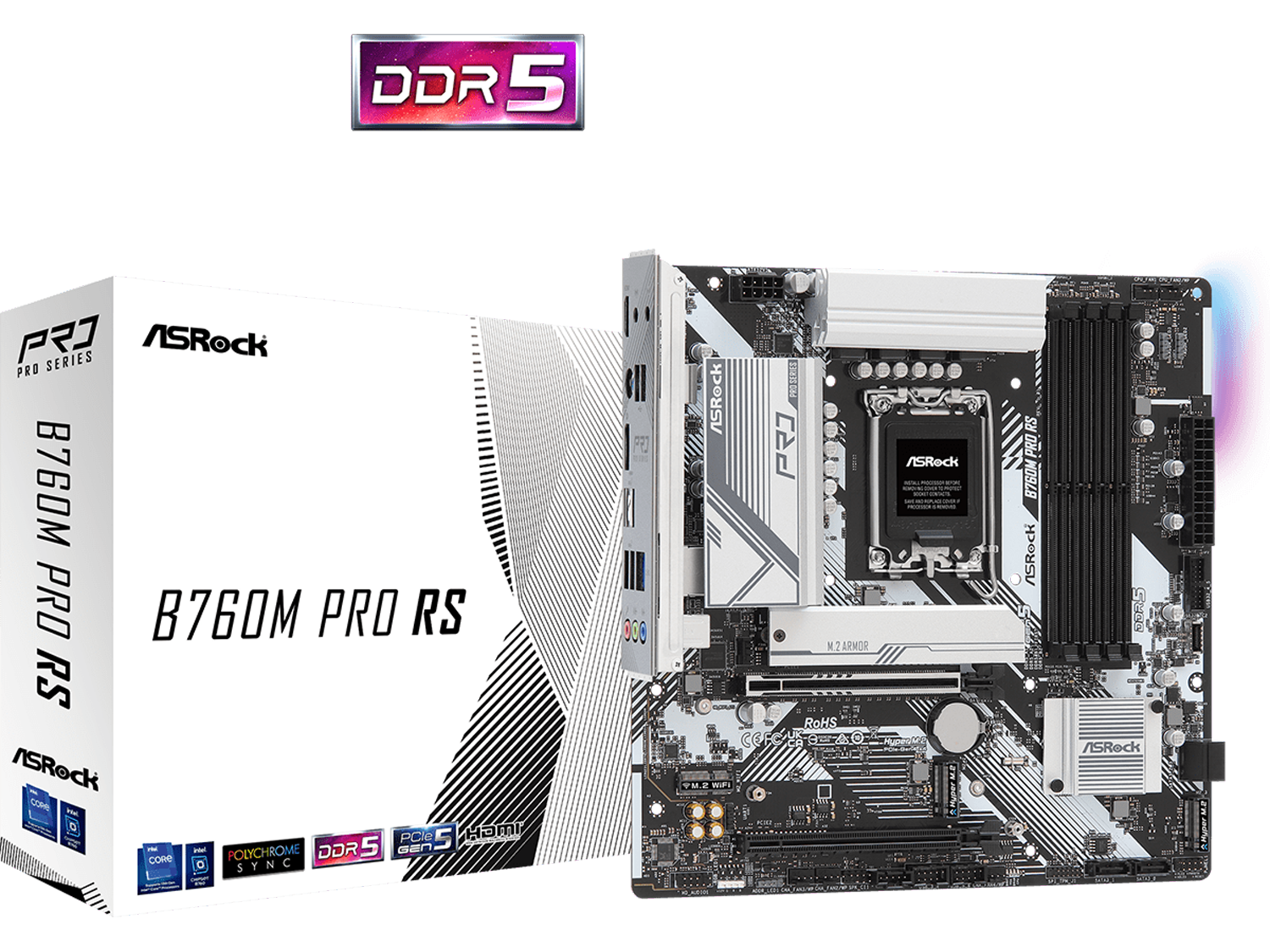 Дънна платка AsRock B760M Pro RS, LGA1700, DDR5, 1x PCIe 5.0, 3x Hyper M.2 PCIe Gen4x4