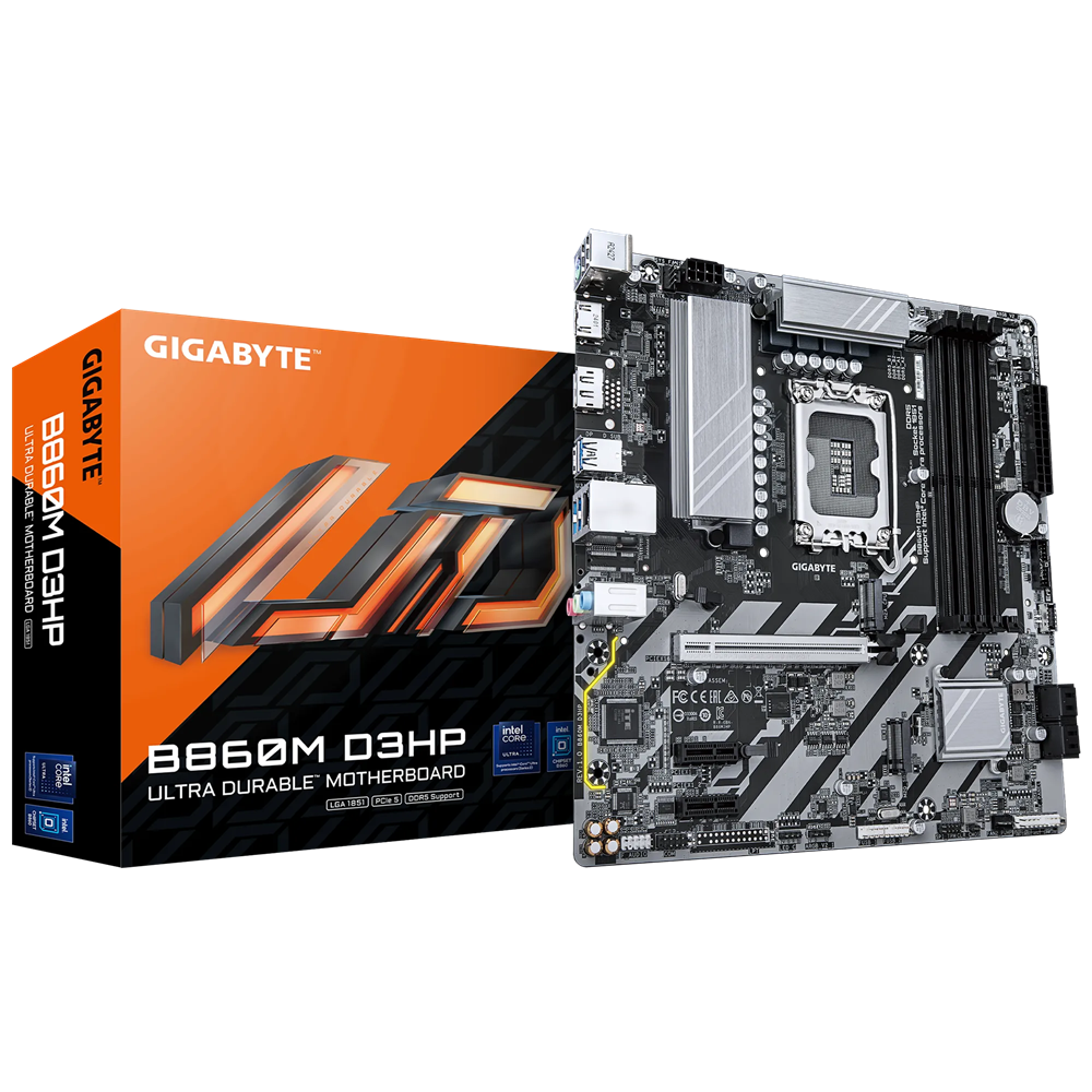 Дънна платка GIGABYTE B860M D3HP, Micro ATX, LGA1851, Intel B860 Express, DDR5 до 256GB, 2x M.2 NVMe, 4x SATA3, PCIe 5.0, HDMI/DisplayPort