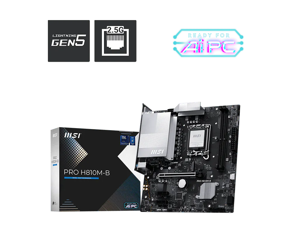 Дънна платка MSI PRO H810M-B, mATX LGA 1851, 2x DDR5 до 6400MHz, PCIe x16, M.2 slot, 2.5G LAN - 4711377337977