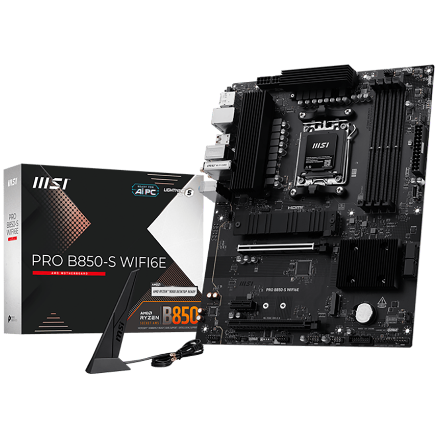 Дънна платка MSI PRO B850-S WIFI6E, Socket AM5, DDR5 до 8200MHz, 4x DDR5, 2x PCIe x16, 2x M.2, WiFi 6E, 2.5G LAN - 4711377365338 - 1