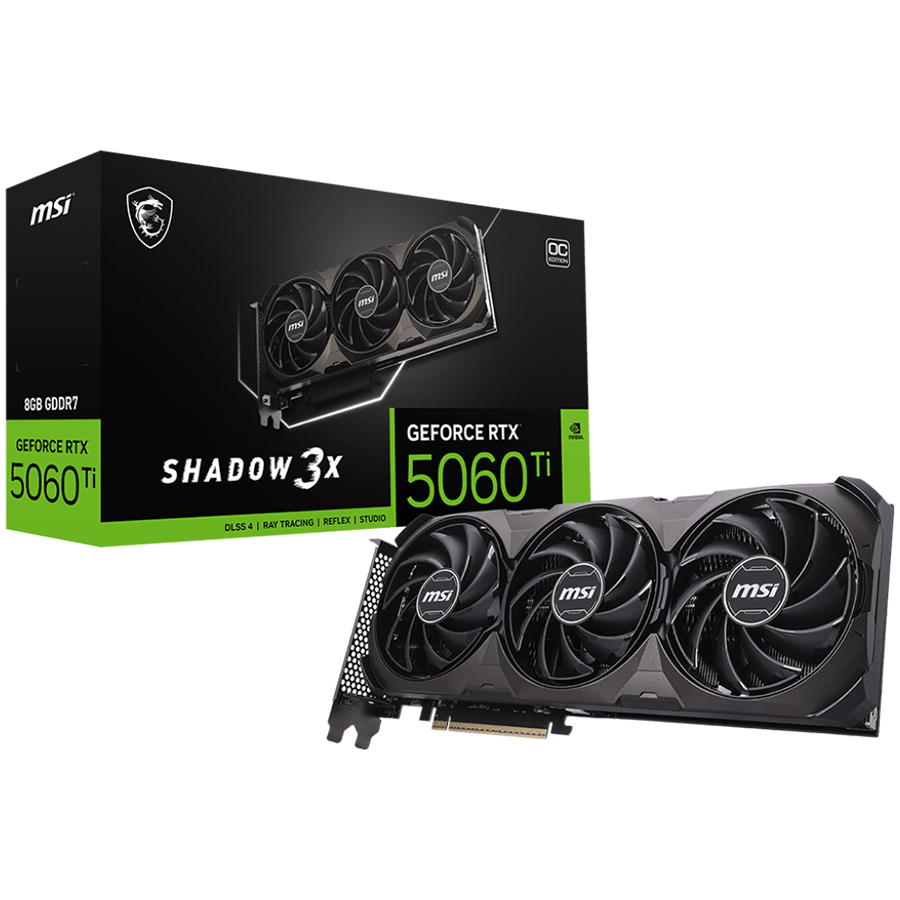 Видео карта MSI NVIDIA GeForce RTX 5060 Ti SHADOW 3X OC CLASSIC, 8GB GDDR7, 128-bit, 2602 MHz, 4608 CUDA Cores, PCIe 5.0 - 4711377381345 - 1