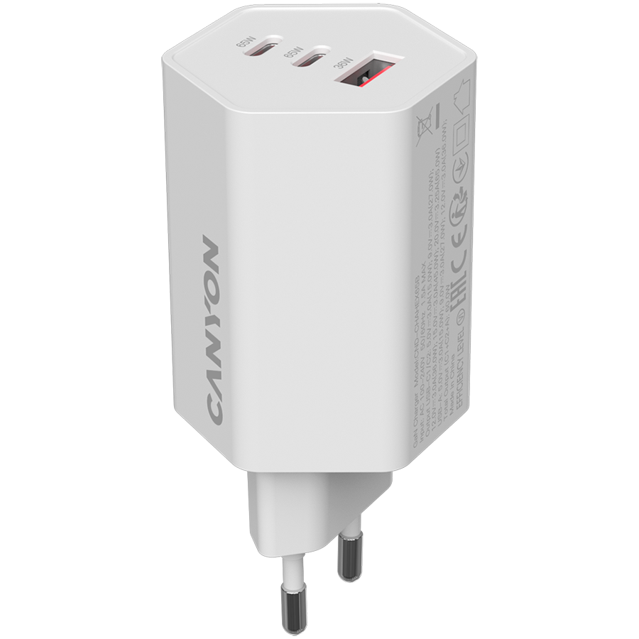 Захранващ адаптер CANYON Hexagon 65, 65W GaN, 2x USB-C PD, 1x USB-A QC, EU - CND-CHAHEX65W - 1