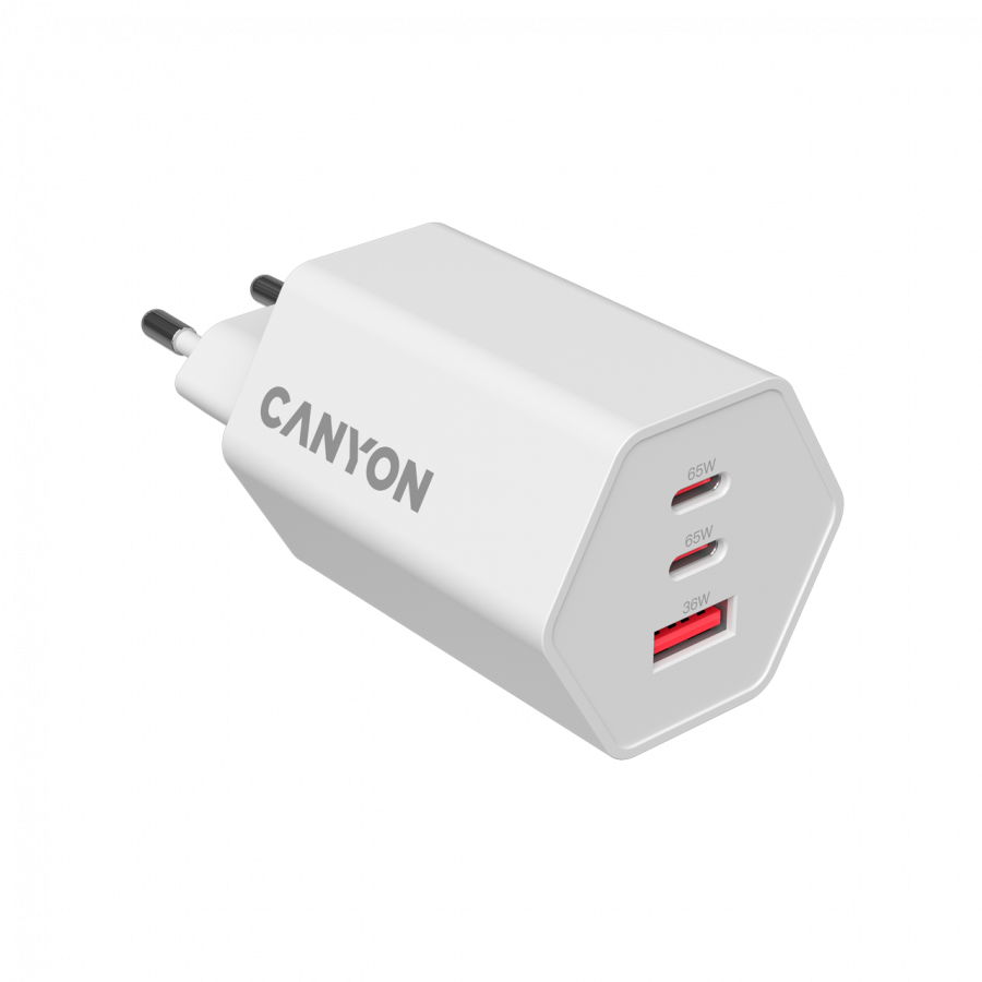 Захранващ адаптер CANYON Hexagon 65, 65W GaN, 2x USB-C PD, 1x USB-A QC, EU - CND-CHAHEX65W - 3