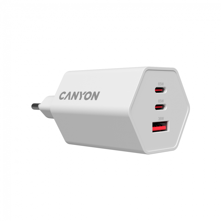 Захранващ адаптер CANYON Hexagon 65, 65W GaN, 2x USB-C PD, 1x USB-A QC, EU - CND-CHAHEX65W - 4