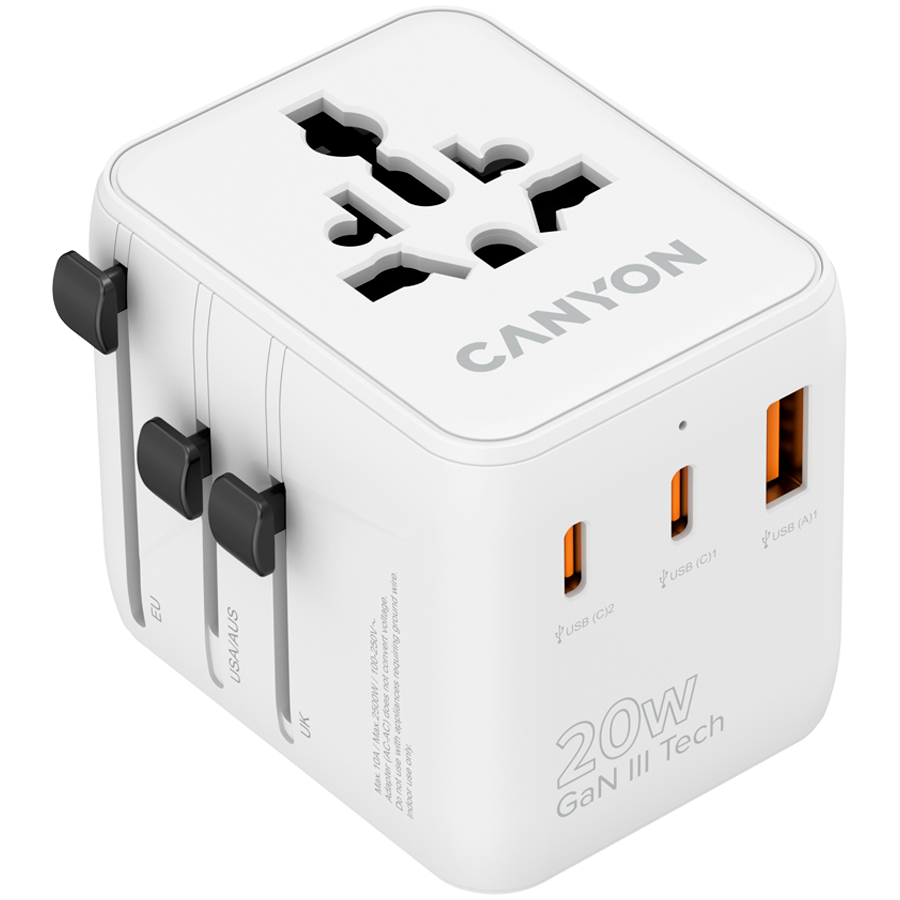 Захранващ адаптер CANYON OnTour One, 20W, EU/UK/US/AUS, 3 портала USB/USB-C, GaN Technology, бял - CNS-TA20W1005W - 1