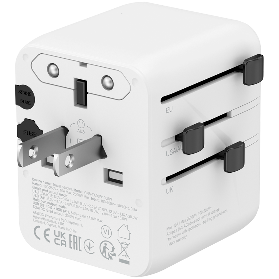 Захранващ адаптер CANYON OnTour One, 20W, EU/UK/US/AUS, 3 портала USB/USB-C, GaN Technology, бял - CNS-TA20W1005W - 3