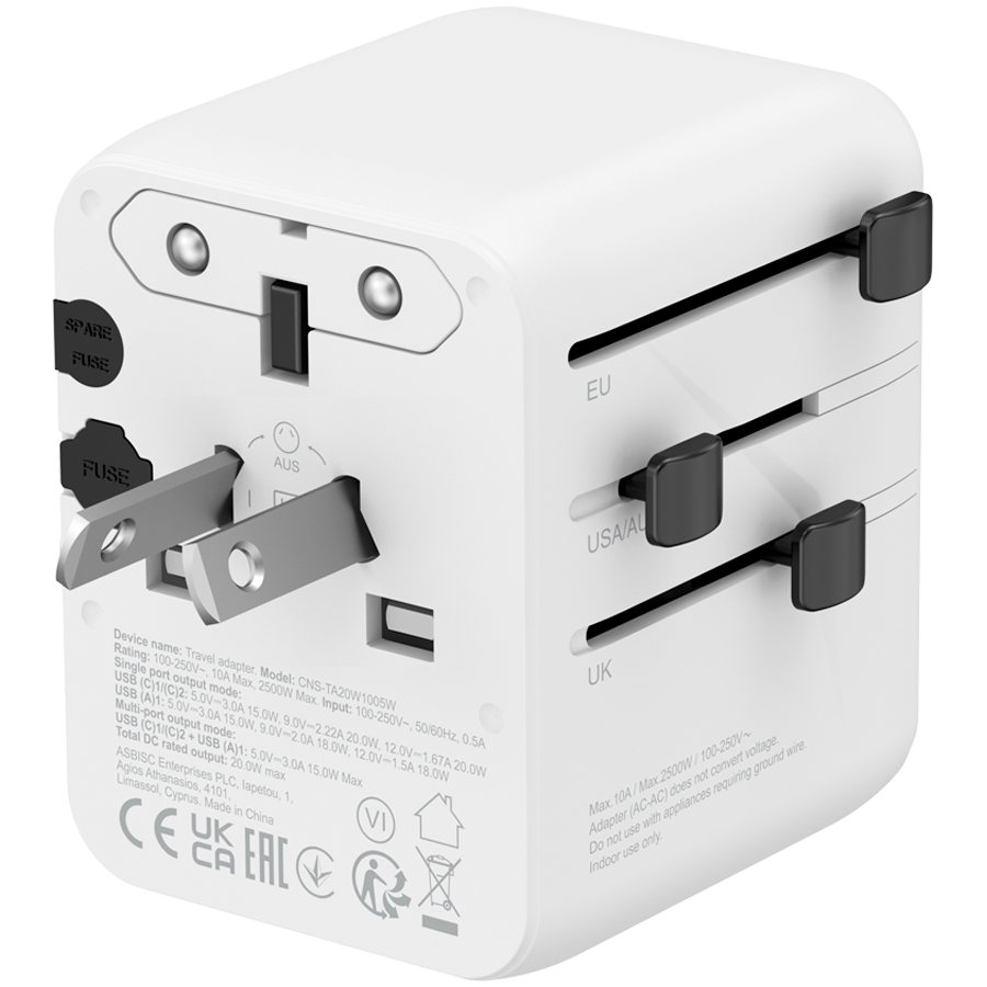 Захранващ адаптер CANYON OnTour One, 20W, EU/UK/US/AUS, 3 портала USB/USB-C, GaN Technology, бял - CNS-TA20W1005W - 4