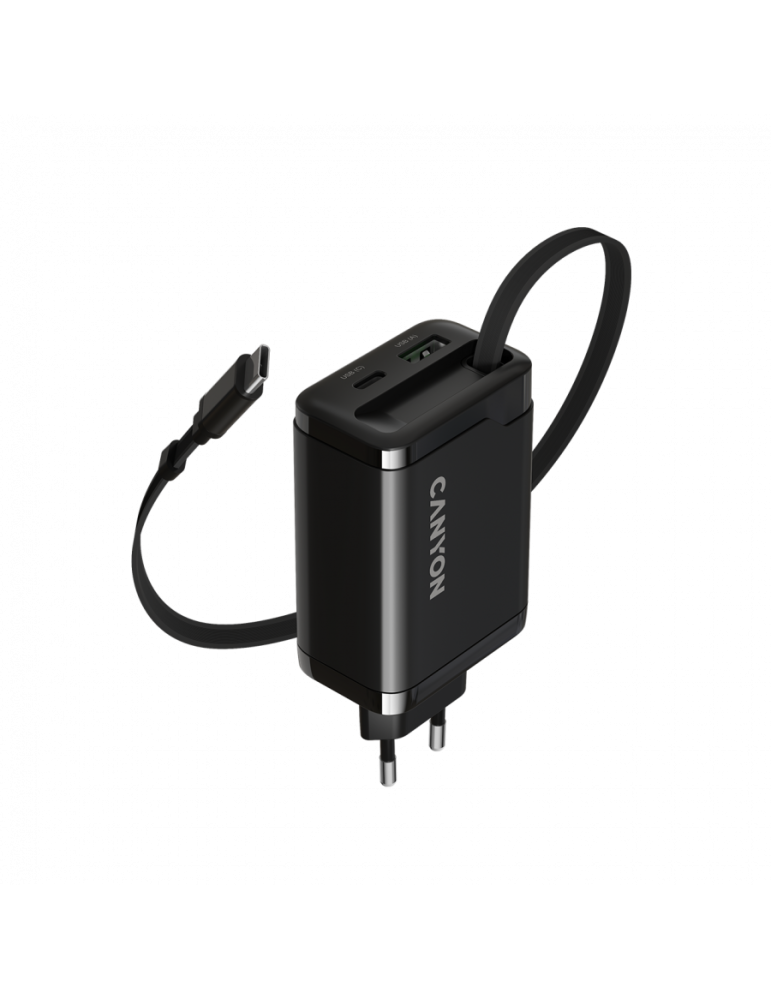 Захранващ адаптер CANYON OnCharge 65RC, 65W USB-C/USB-A, GaN Technology, Power Delivery, Quick Charge, Вграден кабел - CNS-CURC65ACB - 1