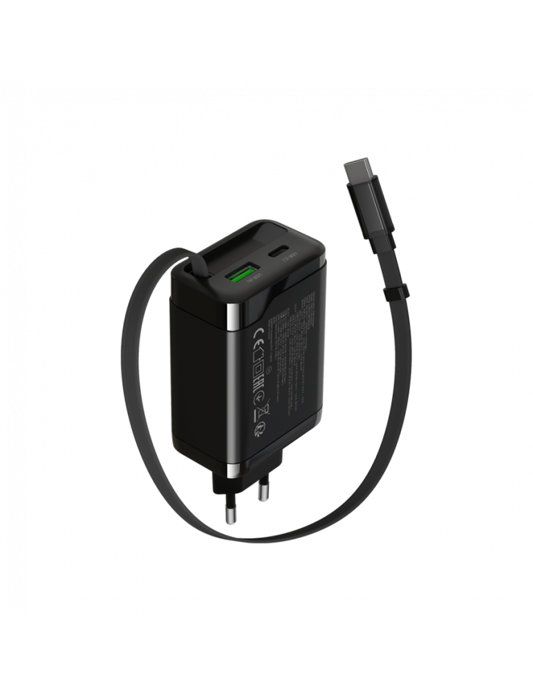 Захранващ адаптер CANYON OnCharge 65RC, 65W USB-C/USB-A, GaN Technology, Power Delivery, Quick Charge, Вграден кабел - CNS-CURC65ACB - 2