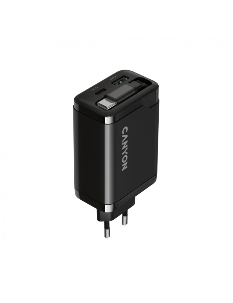 Захранващ адаптер CANYON OnCharge 65RC, 65W USB-C/USB-A, GaN Technology, Power Delivery, Quick Charge, Вграден кабел - CNS-CURC65ACB - 3