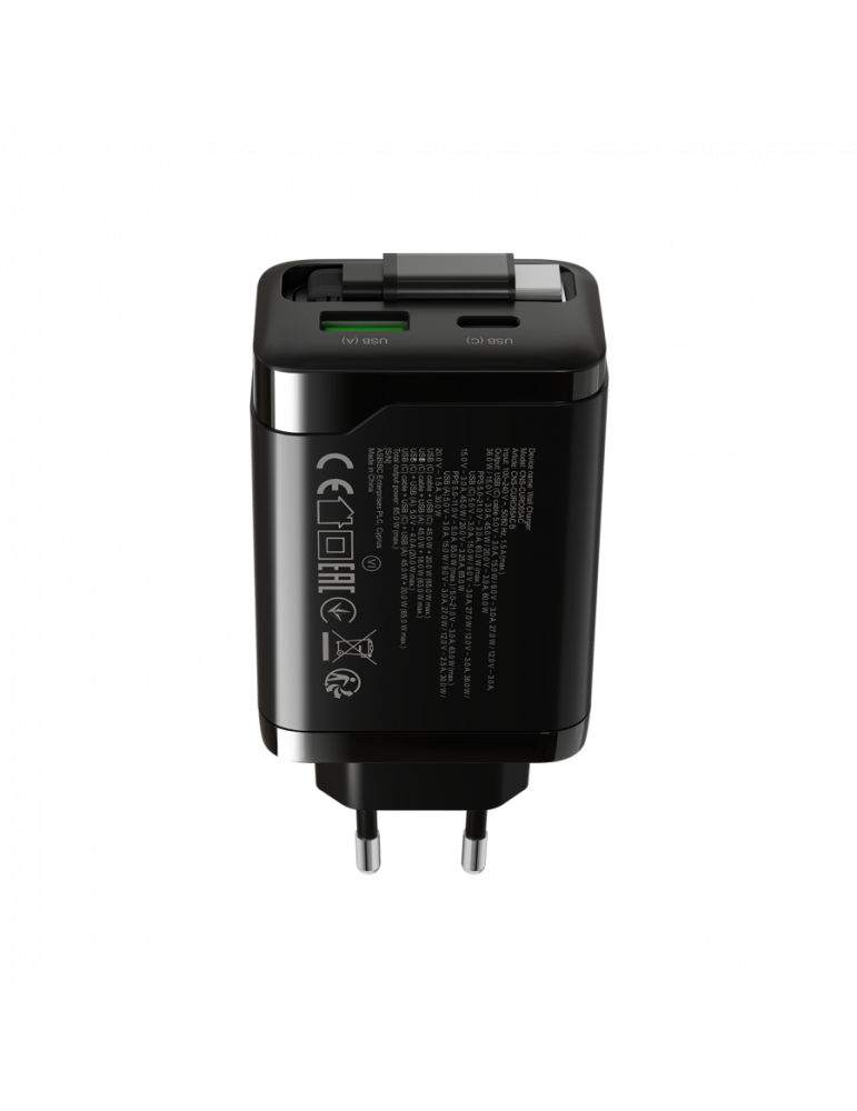 Захранващ адаптер CANYON OnCharge 65RC, 65W USB-C/USB-A, GaN Technology, Power Delivery, Quick Charge, Вграден кабел - CNS-CURC65ACB - 5