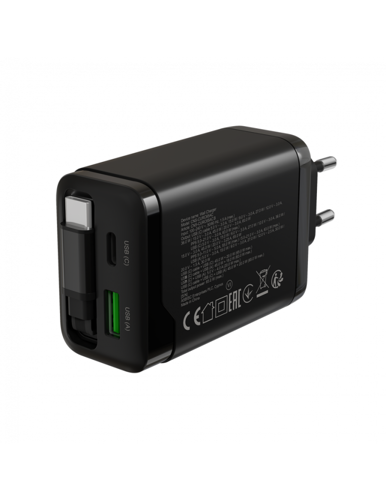 Захранващ адаптер CANYON OnCharge 65RC, 65W USB-C/USB-A, GaN Technology, Power Delivery, Quick Charge, Вграден кабел - CNS-CURC65ACB - 6