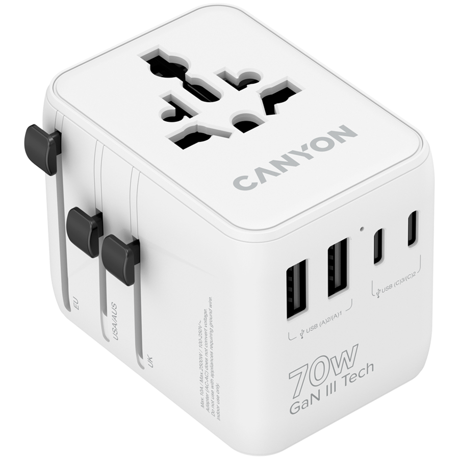 Захранващ адаптер CANYON OnTour 70, 70W, 5 конектора (3x USB-C, 2x USB-A), EU/UK/US/AUS, GaN Technology - CNS-TA70W1006W - 1