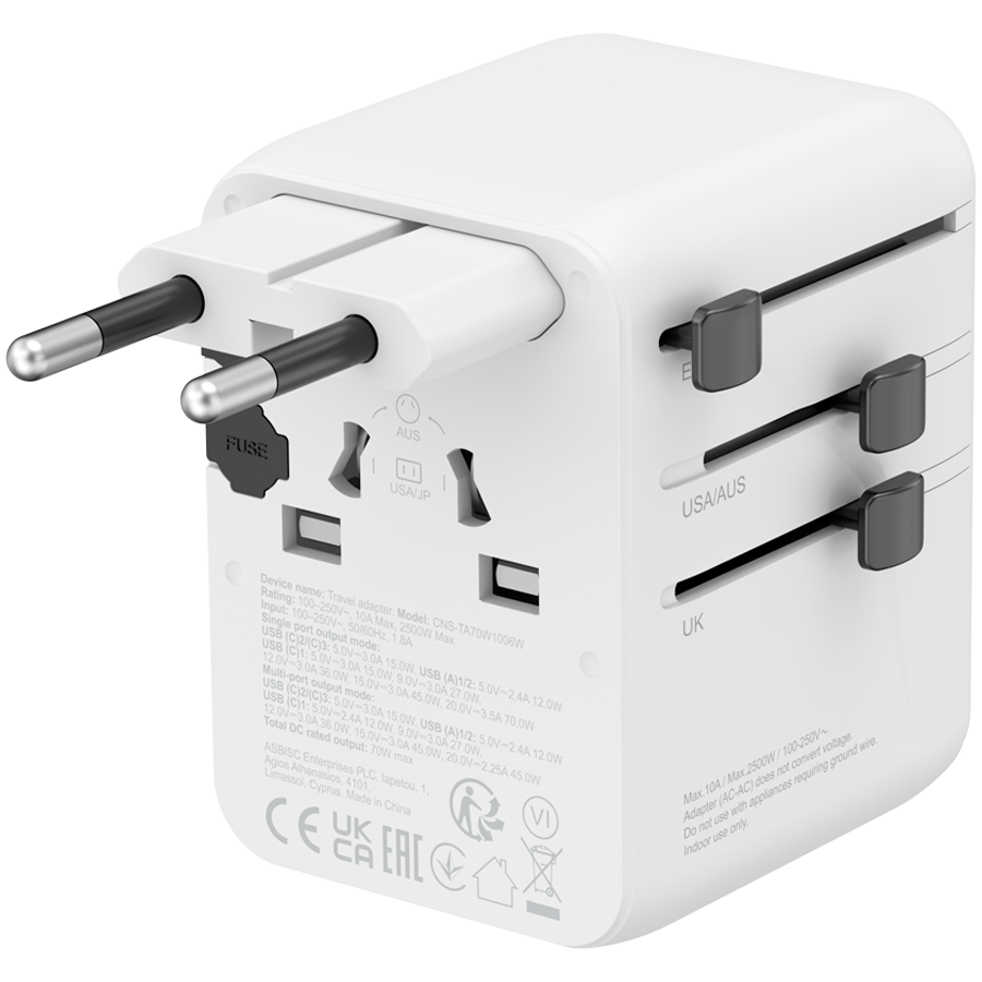 Захранващ адаптер CANYON OnTour 70, 70W, 5 конектора (3x USB-C, 2x USB-A), EU/UK/US/AUS, GaN Technology - CNS-TA70W1006W - 3