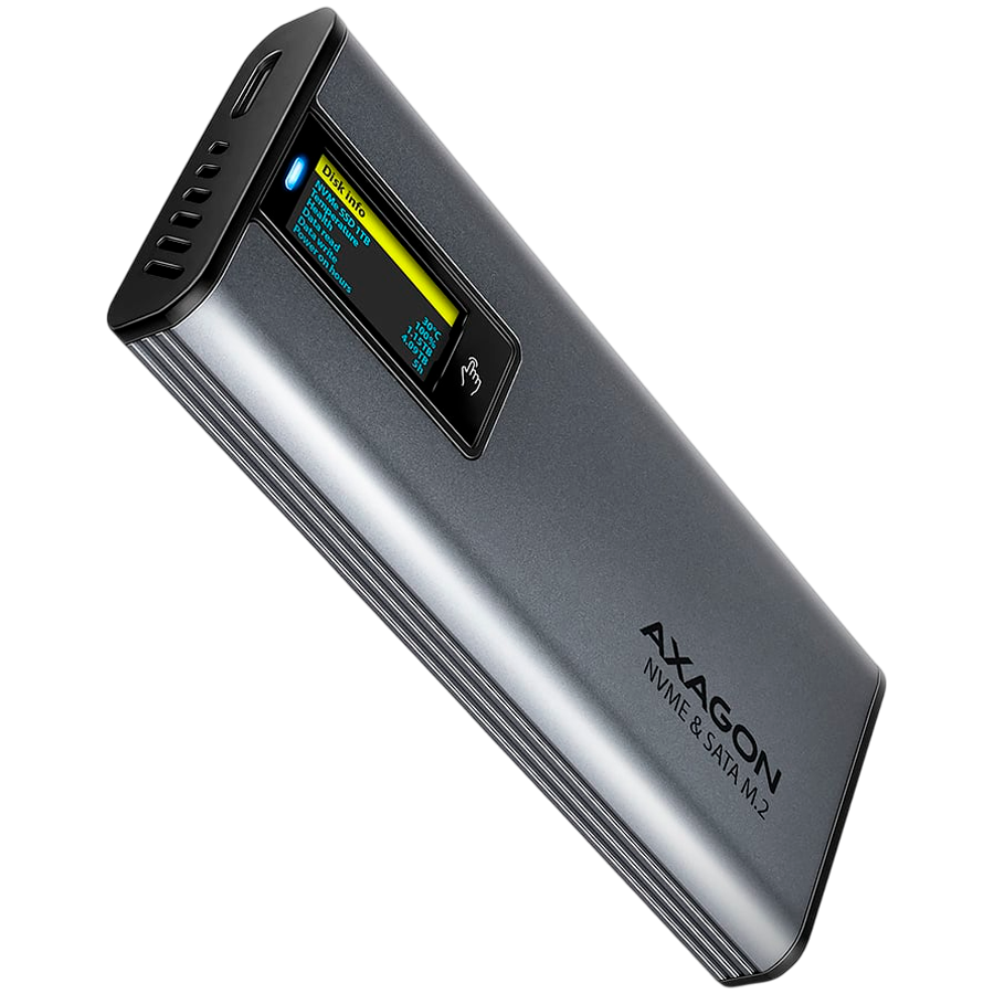 Външен диск AXAGON EEM2-SD2, USB-C 3.2 Gen 2, M.2 NVMe/SATA, алуминиева кутия, LCD екран - EEM2-SD2 - 1