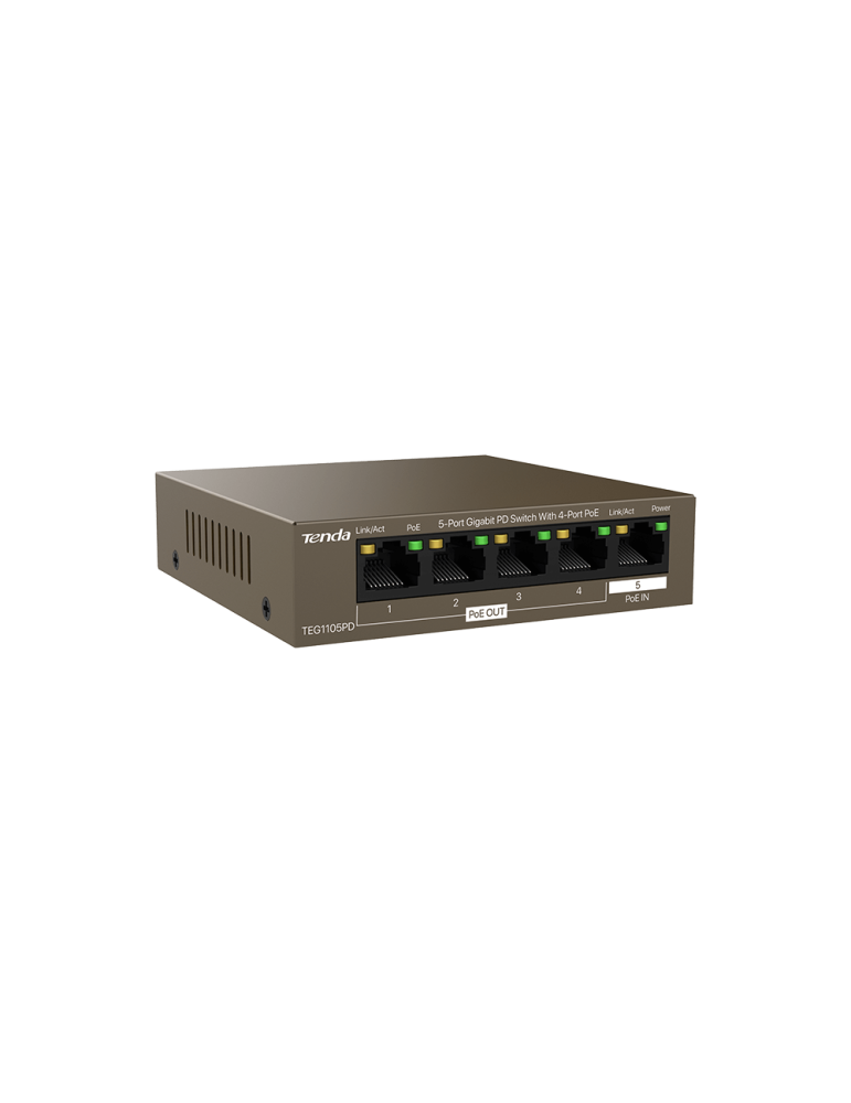 Суич Tenda TEG1105PD, 5 портов Gigabit Ethernet, PoE IN/OUT, 10Gbps - 6932849429824 - 2