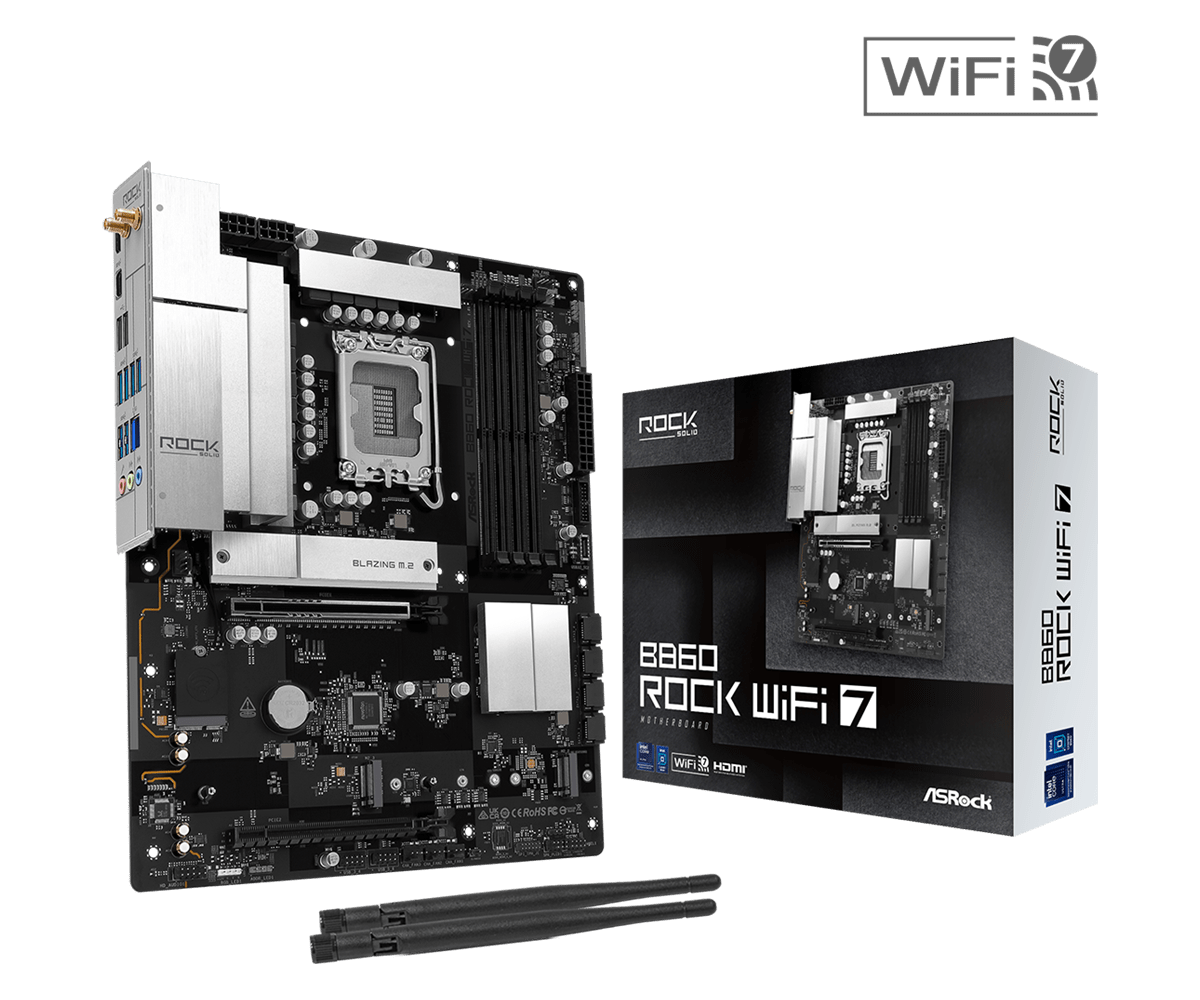 Дънна платка ASROCK B860 Rock Wi-Fi 7, Socket 1851, Intel B860 Chipset, 4x DDR5, 1x PCIe 5.0 x16, ATX - 4711589494176 - 1