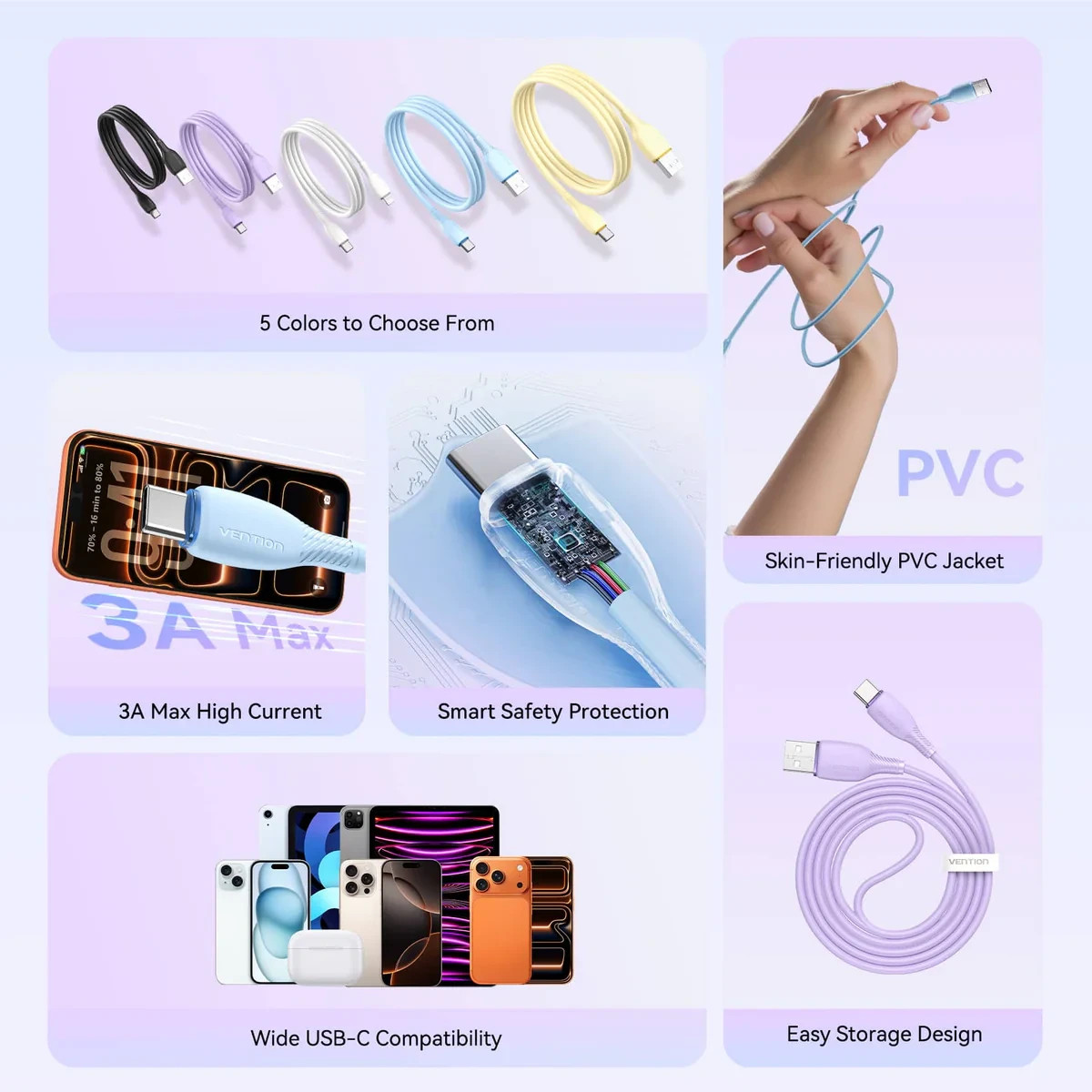 USB кабел Vention Type-A to Type-C 0.25M 3A - CTWBC - 3