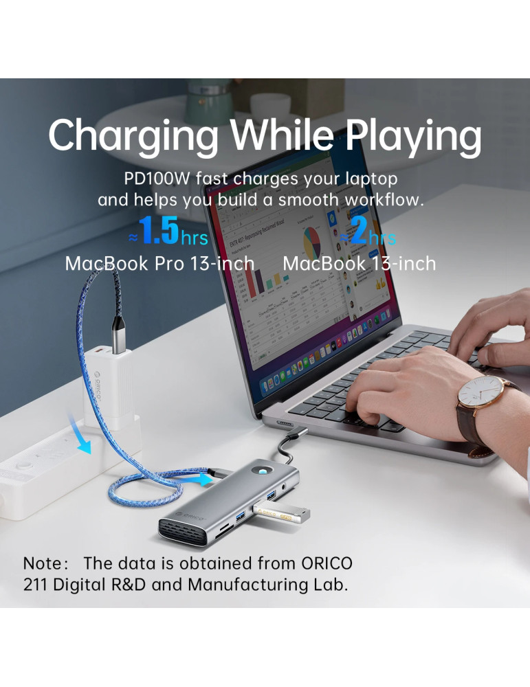 Докинг станция Orico PW11-9P-GY-EP, Type-C, HDMI, VGA, 3x USB 3.0, USB-C PD100W, LAN 1Gbps, SD/TF - PW11-9P-GY-EP - 4