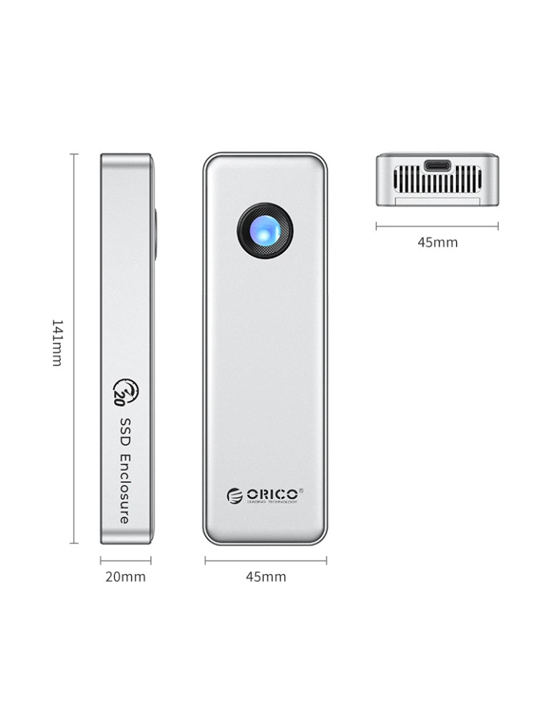 Външен кутийка за SSD диск Orico OUM2-G20-SV, M.2 NVMe, USB-C/A 20Gbps, 8TB, алуминиева кутия, охлаждане - OUM2-G20-SV - 3