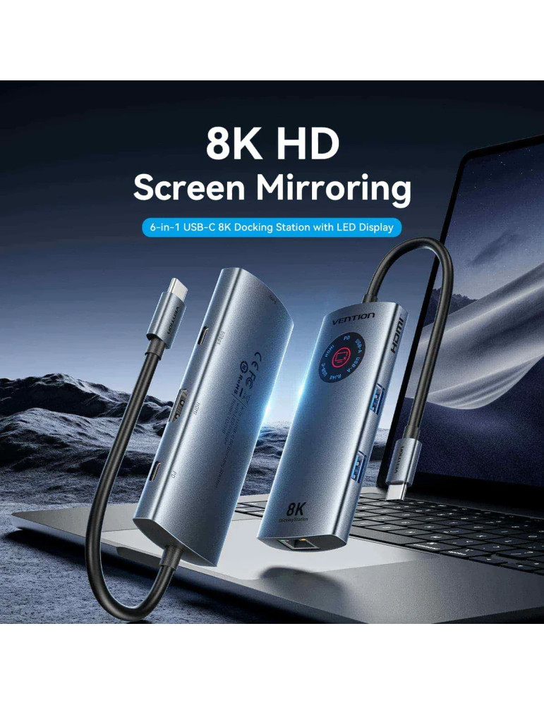 Докинг станция Vention TQZHB, Type-C, 8K 30Hz, HDMI, USB 3.0 x2, USB-C PD100W, LAN 1Gbps, LED дисплей - 2