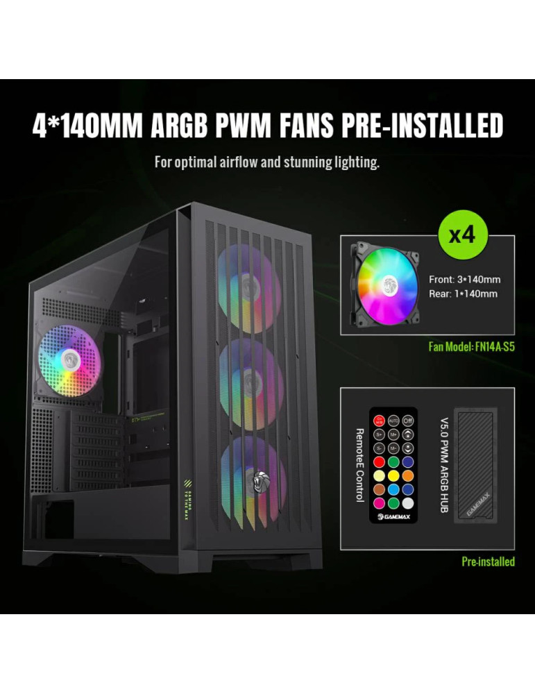 Кутия за компютър Gamemax Leader 2, Middle Tower EATX, Tempered Glass, Addressable RGB, 4x 140mm вентилатора, Type-C Gen 2 - 9101-0900R0001 - 8
