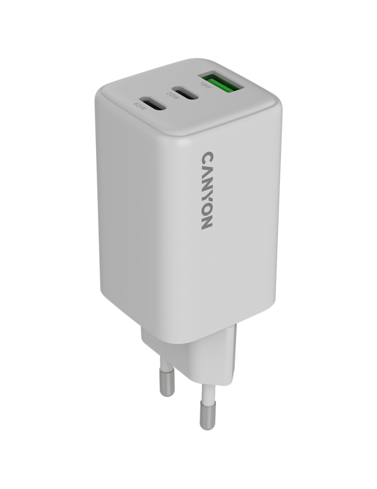 Захранващ адаптер CANYON CU65ACC, 65W GaN 2xUSB-C 1xUSB-A Power Delivery Quick Charge - CNS-CUW65ACC - 1