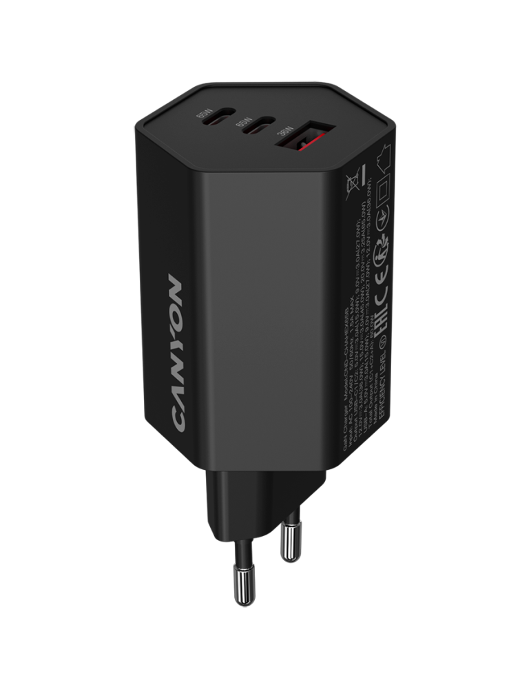 Захранващ адаптер CANYON Hexagon 65W, 2x USB-C PD 65W, 1x USB-A QC 36W, GaN, EU - CND-CHAHEX65B - 1