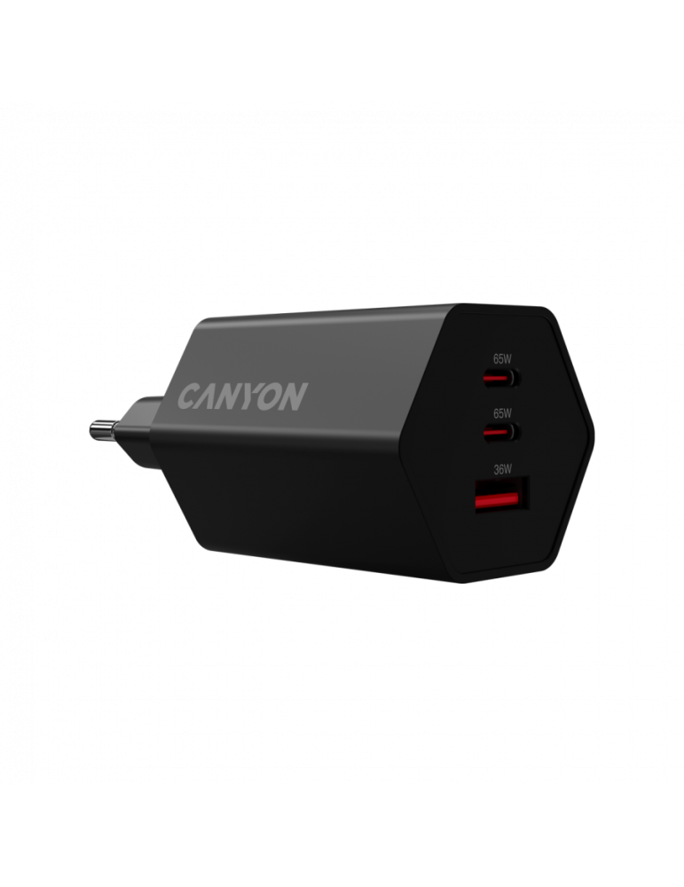 Захранващ адаптер CANYON Hexagon 65W, 2x USB-C PD 65W, 1x USB-A QC 36W, GaN, EU - CND-CHAHEX65B - 2