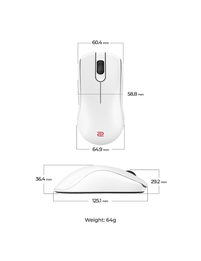 Безжична геймърска мишка ZOWIE FK2-DW, 4K 4Khz, безжична 2.4G, 6+1 бутона, 3200 DPI, бяла - 9H.N4MBE.A3E - 6