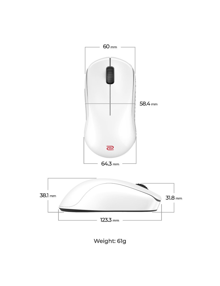 Безжична gaming мишка ZOWIE U2-DW, 2.4G безжична, 3200 DPI, 6+1 бутони - 9H.N4PBE.A3E - 2