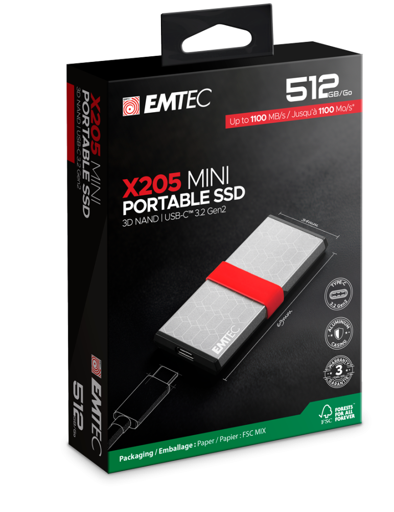 Външен SSD диск EMTEC X205, 512GB SSD, USB-C 3.2 Gen2 10Gbps, 1100MB/s четене - ECSSD512GX205 - 1