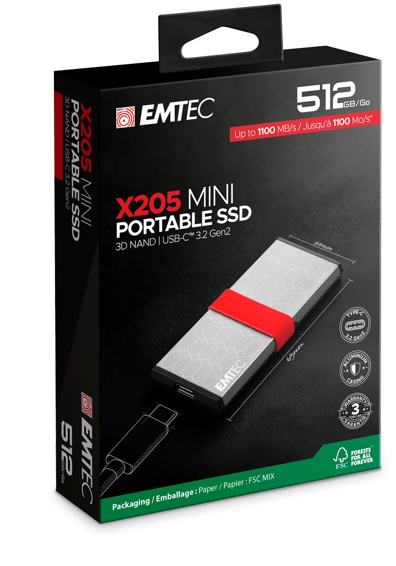 Външен SSD диск EMTEC X205, 512GB SSD, USB-C 3.2 Gen2 10Gbps, 1100MB/s четене - ECSSD512GX205 - 1