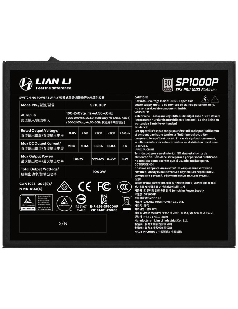 Модулно захранване Lian Li SP1000 Black, 1000W 80+ Platinum, PCIe 5.1 ATX 3.1 - G9P.SP1000P.B000.EU - 6
