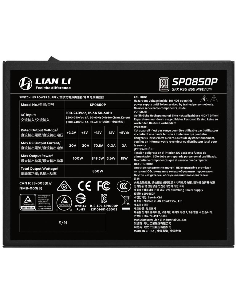Модулно захранване Lian Li SP850 Black, 850W 80+ Platinum, ATX 3.1 - G9P.SP0850P.B000.EU - 6