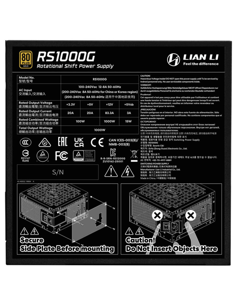 Модулно захранване Lian Li RS 1000W, 1000W 80+ Gold, ATX 3.1, Active PFC - G9P.RS1000G.B000.EU - 5