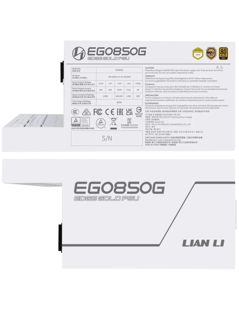 Модулно захранване Lian Li EDGE EGO850 White, 850W 80+ Gold, ATX 3.1, 120mm вентилатор - G9P.EG0850G.W000.EU - 4