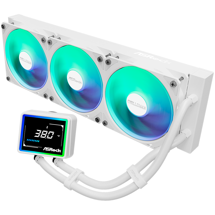 Водно охлаждане за процесор ASROCK Challenger White 360, 360mm AiO, LCD дисплей, 3x120mm вентилатора, AM5/AM4/LGA1851/LGA1700 - 90-ACLA36-WAAGA6